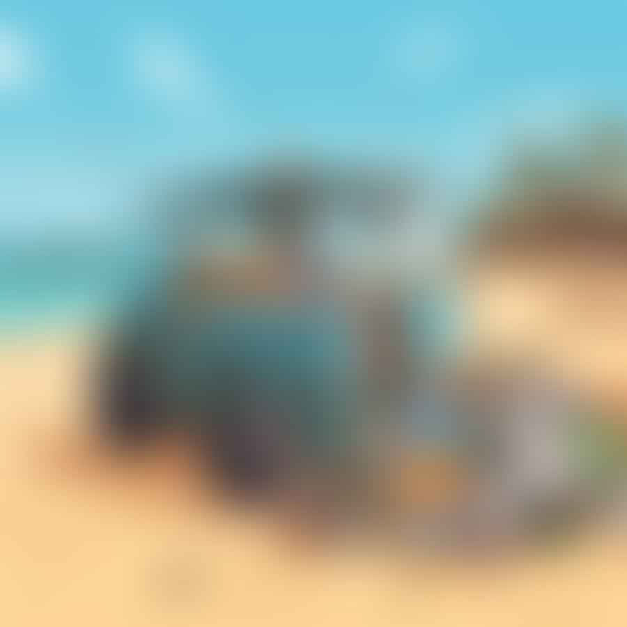 A responsible beach driver following designated roads, driving at a reduced speed, and maintaining a safe distance from wildlife, while their vehicle is equipped with environmentally-friendly products and a trash bag for litter disposal.